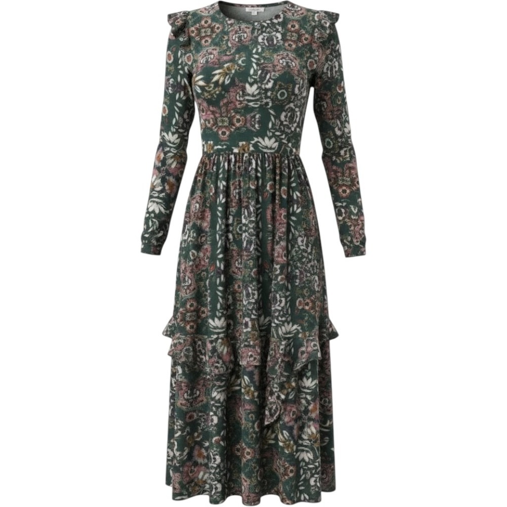 Current Air Anthropologie Floral Midi Dress Green Mauve Ruffle Cottagecore S